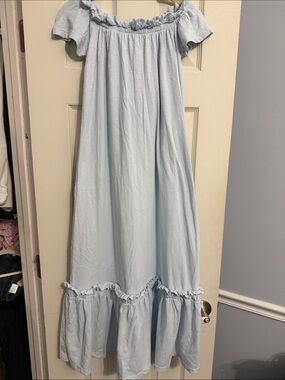 Sundry Light Blue Off-Shoulder Maxi Dress with Ruffle Hem